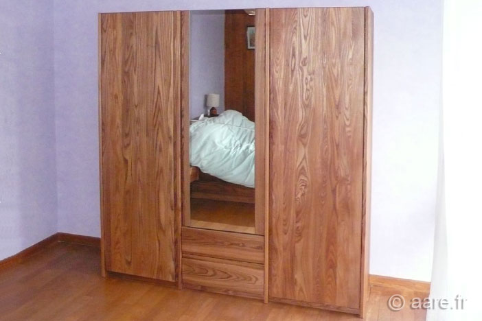 armoire tiroirs miroir orme gris massif sur mesure